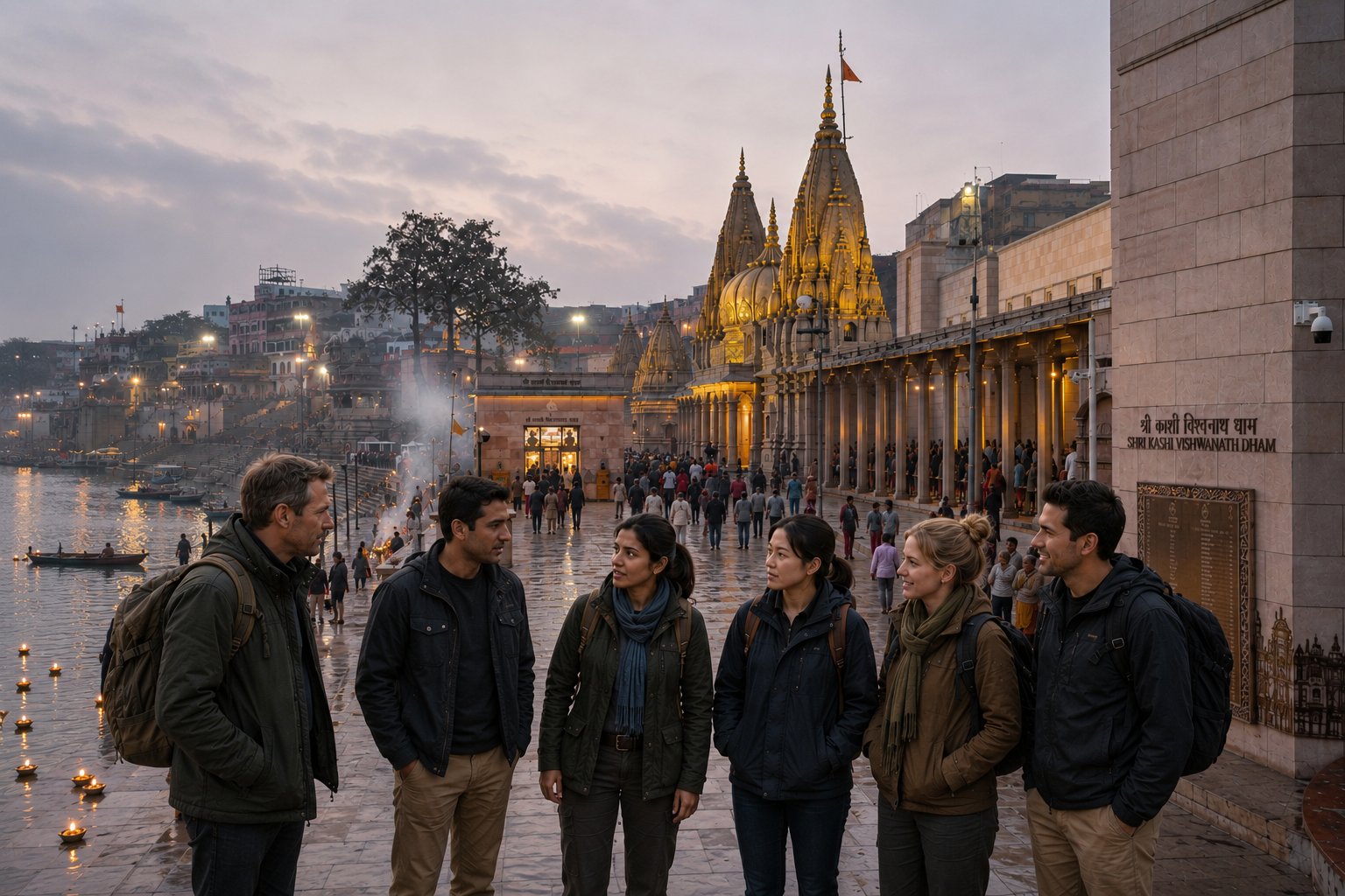 Team at Kashi Vishwanath ghat at dusk